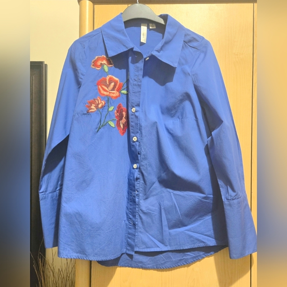 Blue Floral Embroidered Women's Shirt